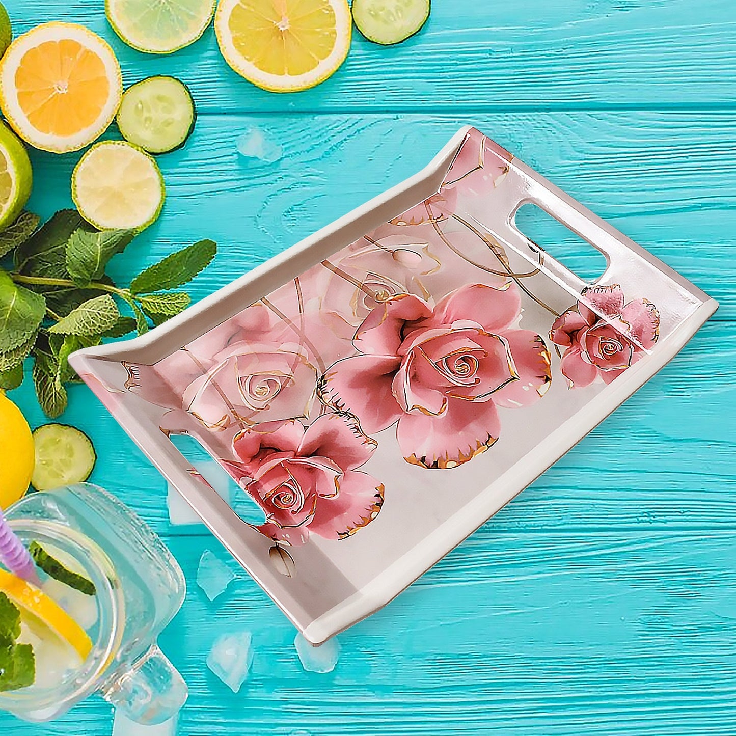 Plastic Rectangular Serving Tray Set – Printed Design Trays for Home & Kitchen