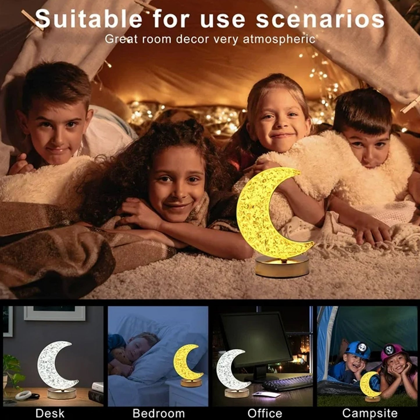 Moon Crystal Touch Table Lamp with 3 Color Dimmable USB Night Light