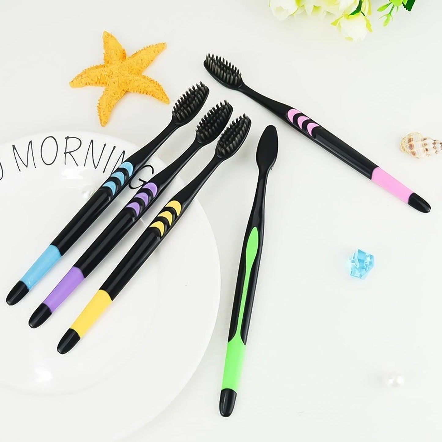 Soft Toothbrush with Plastic Round Box for Adults & Kids (Set of 10 Pcs)