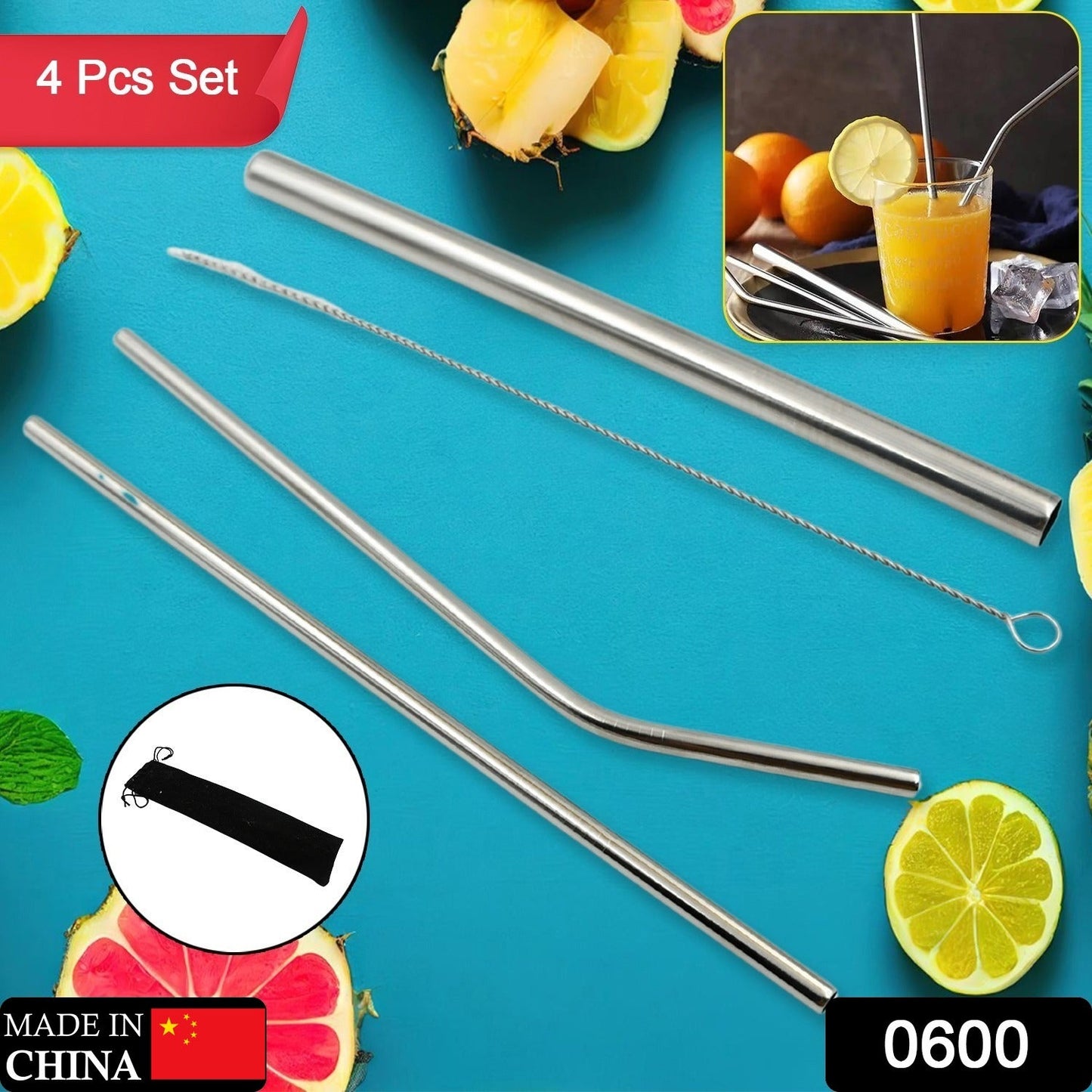 Reusable Stainless Steel Straws with Case for Drinking (4 Pc, Eco-Friendly)